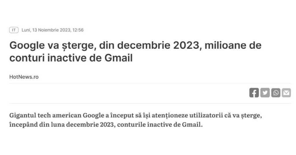 Google va șterge, din decembrie 2023, milioane de conturi inactive de Gmail